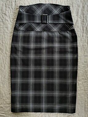 Spring Street Black & White Plaid Pencil Skirt with Belted Waist